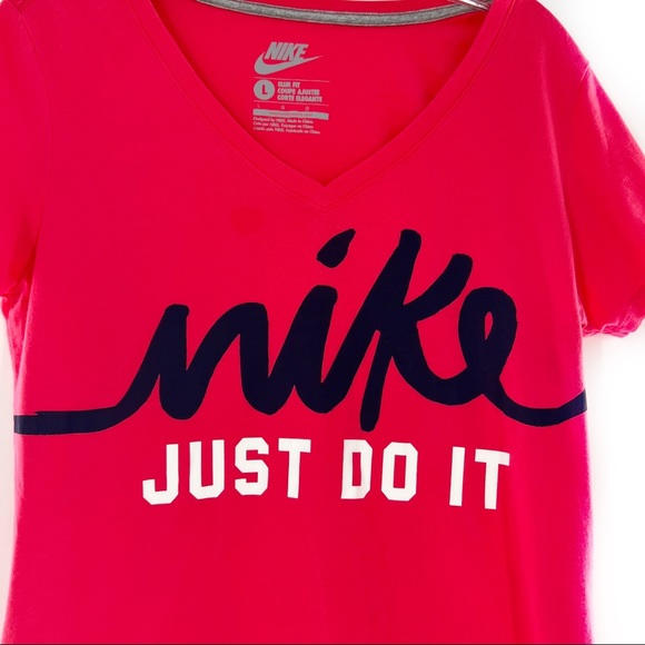 Nike Just Do It Bright Pink/Navy/White Slim Fit V-Neck T-Shirt Size Large - Picture 5 of 7